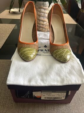 Prada Green, Tan and Orange Pointed-Toe Woven Pumps